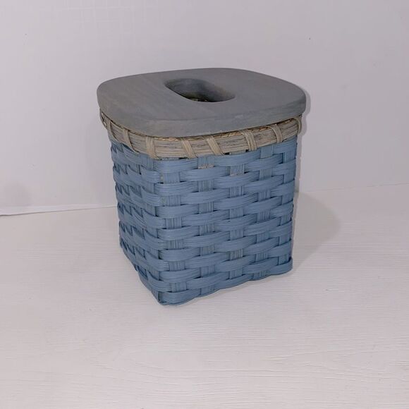 Blue Woven Wicker Basket Tissue Box Holder with Wood Gray Wash Lid - Picture 4 of 11